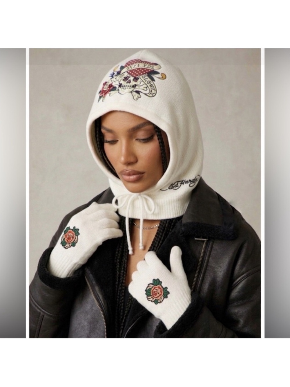 Ed Hardy Balaclava Knit Hoodie + Mitts New White